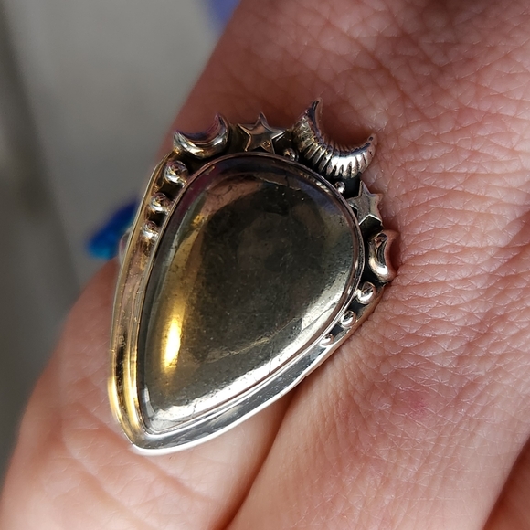Bone & Branch Jewelry - Handmade Sterling Silver 925 Celestial Moon And Star Pyrite Ring Size 8.75